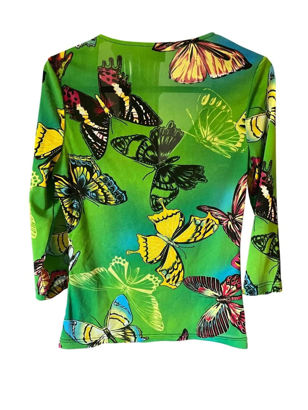 Vintage Y2K Tribal Green Mesh Butterfly V-Neck Gather 3/4 Sleeve Top Size S - Picture 3 of 4